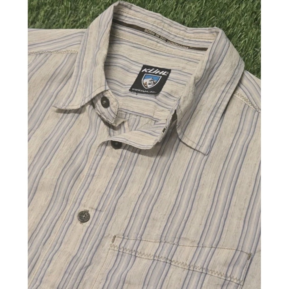 KÜHL Men's Short Sleeve Button Down Shirt Beige Blue Striped Outdoor Gorpcore